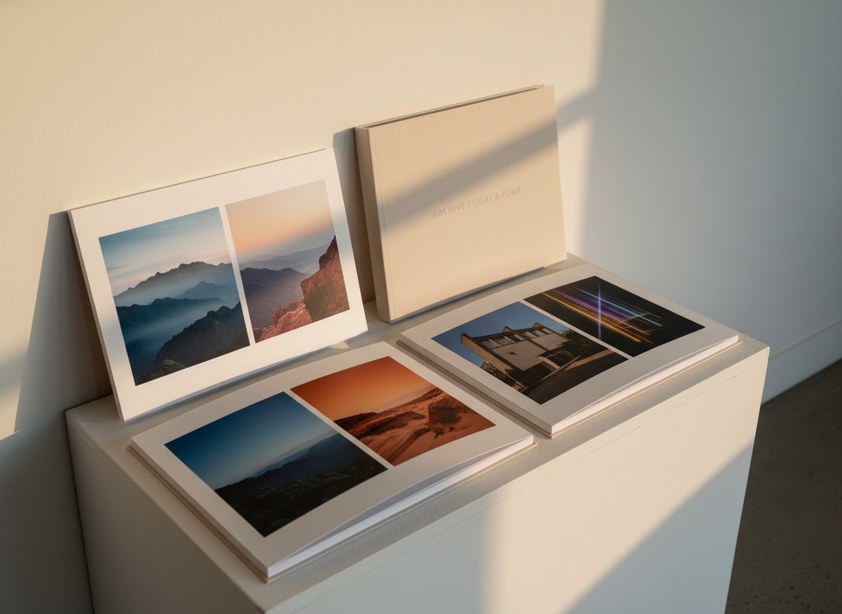 A refined arrangement of printed fine-art photography portfolios displayed on a clean, white gallery-style plinth. Each portfolio features thick, velvety matte pages with borderless, richly toned images of landscapes, architecture, and abstract light studies, their colors deep and true. A soft linen cover with understated debossed titling leans against a neutral wall. Subtle golden-hour light slants in from the right, grazing the paper surface and revealing delicate texture while casting gentle, elongated shadows. Photographic realism with a slightly elevated three-quarter angle, moderate depth of field keeping the foreground crisp and the background softly blurred. The mood is thoughtful, curated, and quietly confident, evoking editorial and art-focused photography credentials.