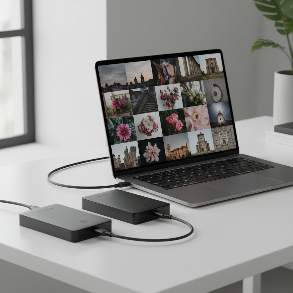 A pair of elegant, matte-black external hard drives and a slim laptop with a brushed aluminum finish sit on a clean white desk, connected by neatly routed cables. On the laptop screen, a grid of color-corrected, high-resolution thumbnails shows atmospheric scenes—city rooftops at dusk, close-up details of bouquets, textural shots of historic stone buildings, all people-free. Cool, overcast daylight from a nearby window produces soft, shadowless illumination, creating a calm, controlled look. Photographic realism with a slightly elevated, three-quarter composition and medium depth of field keeps both hardware and screen content legible. The overall mood is reliable, efficient, and modern, emphasizing secure delivery, careful backup, and professional digital workflow for clients.