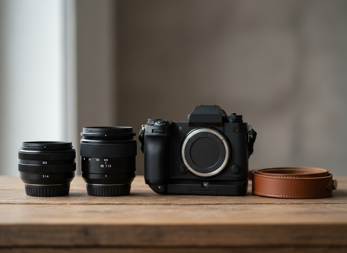 A professional mirrorless camera body with a sleek matte-black magnesium alloy finish rests on a weathered oak tabletop, surrounded by neatly arranged prime lenses with smooth metal barrels and finely etched focal length markings. A soft leather camera strap coils beside it, its natural grain and subtle stitching clearly visible. Gentle, diffused window light from the left creates clean highlights along the camera’s contours and subtle reflections on the glass elements, while the background falls into a smooth, neutral bokeh. Photographic realism, shot at eye level with a shallow depth of field, centered composition, and a calm, confident atmosphere that suggests a meticulous, experienced photographer ready for any assignment across city or countryside.