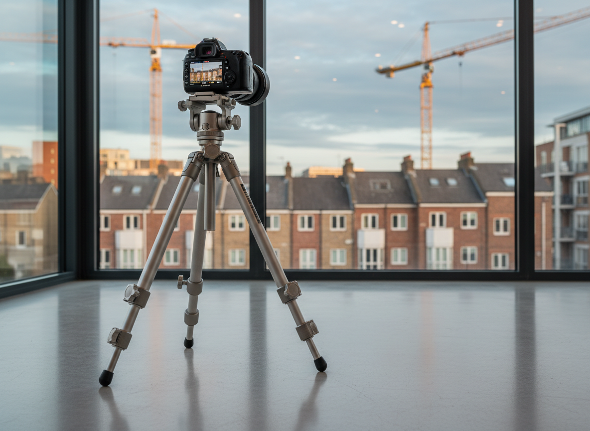 A polished silver tripod with precise adjustment knobs stands firmly on smooth, pale concrete beside a large floor-to-ceiling loft window overlooking a softly blurred cityscape of Bristol townhouses and distant cranes. A professional DSLR is mounted on top, its rear LCD displaying a sharp preview of an architectural composition. Cool, diffused late-afternoon light pours through the glass, wrapping the equipment in soft highlights and creating a faint reflection on the floor. Photographic realism, composed on the rule of thirds with the tripod slightly off-center, captured from a low, cinematic angle to emphasize stability and readiness. The atmosphere is modern, urban, and quietly energetic, referencing editorial and event photography in city environments.