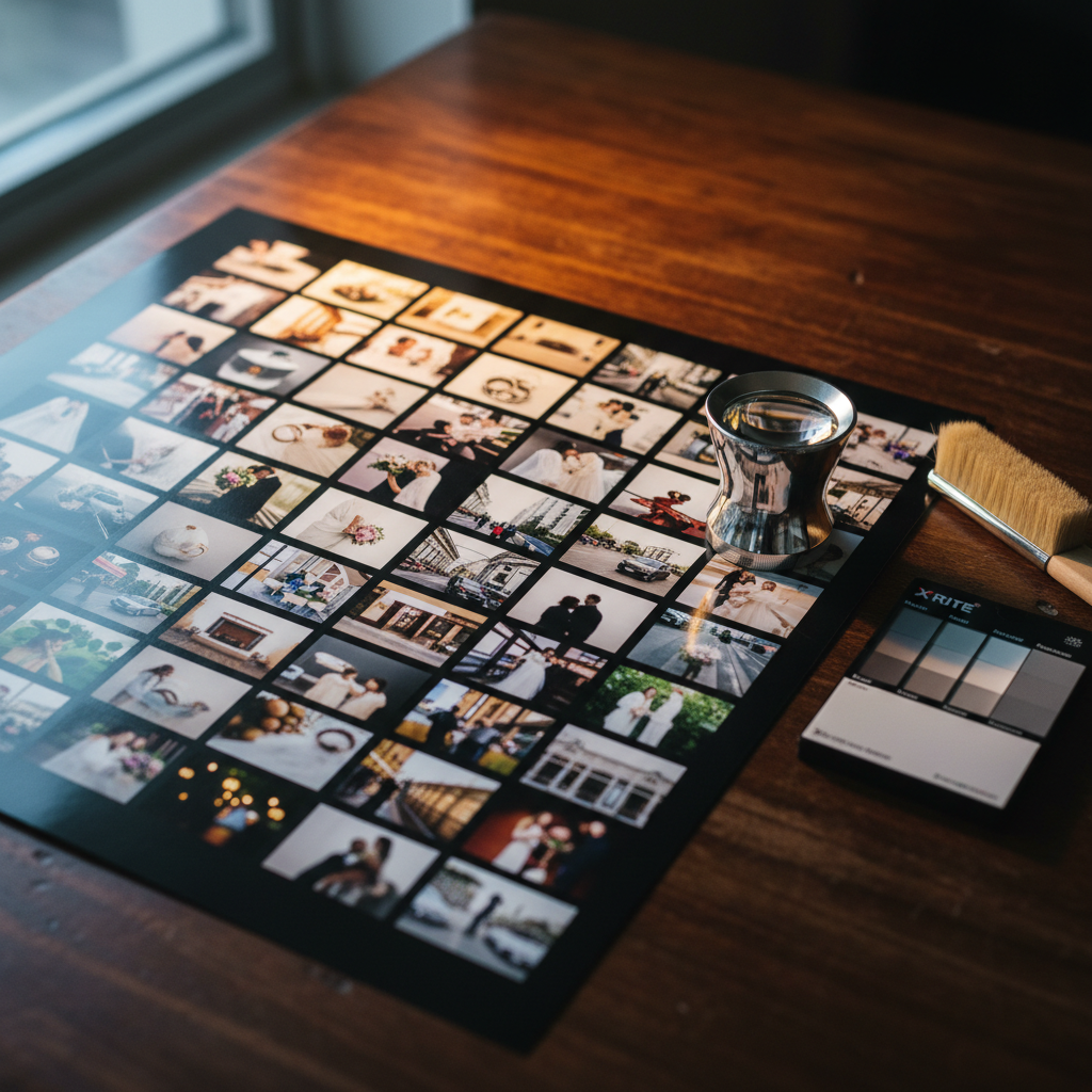 A meticulously arranged contact sheet of small, borderless image thumbnails laid out on a dark walnut desk, each frame showing abstracted, out-of-focus hints of weddings, couples, urban streets, and ambient details—no recognizable people, only shapes, fabrics, and settings. A silver loupe, a soft cleaning brush, and color calibration card rest nearby, their surfaces sharply detailed. Warm, directional desk-lamp light creates gentle contrast and pronounced yet soft-edged shadows, while faint cool daylight from a window balances the color temperature. Photographic realism, shot from an oblique overhead angle with selective focus running diagonally through the frame. The mood is reflective and craft-focused, suggesting careful curation, editing, and storytelling across varied commissions.