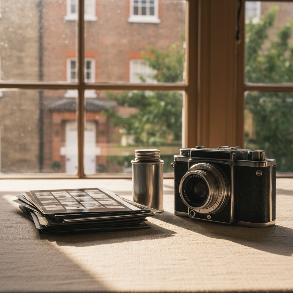 A carefully composed scene of a vintage medium-format film camera with chrome edges and textured black leatherette resting on a linen-covered table beside a stack of contact prints and a metal film canister. Behind it, a blurred backdrop reveals the soft outline of an old brick townhouse facade and leafy branches outside a sash window, hinting at Bristol’s characterful streets. Warm, late-afternoon sunlight spills in, catching the camera’s metal highlights and giving the film negatives a gentle amber glow. Photographic realism, shot at a slightly low angle with shallow depth of field, the camera placed on the right third of the frame. The mood is nostalgic yet professional, suggesting a photographer who values both heritage and contemporary craft.