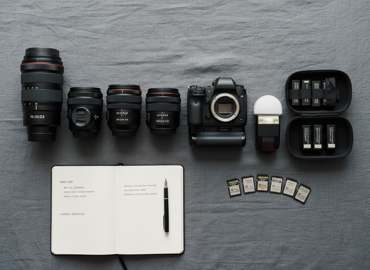 An elegant flat lay of a complete wedding photography kit displayed on a charcoal linen backdrop: dual camera bodies with matching matte finishes, a row of fast prime and zoom lenses, a compact flash unit with a white diffuser, spare batteries in a tidy case, and high-speed memory cards fanned out like playing cards. A handwritten shot list notebook lies open, its cream pages and fine pen adding tactile detail. Overcast daylight from a nearby window casts even, soft lighting with minimal shadows, emphasizing textures. Photographic realism, overhead composition with carefully balanced spacing, creating an organized, professional, and reassuring mood suited to high-end wedding coverage from Bristol to London.